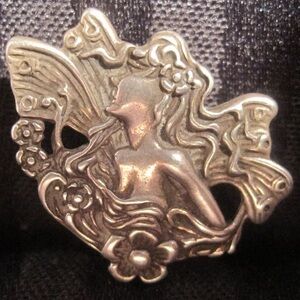 ANTIQUE Art Deco Repoussé Figural Maiden Goddess Fairy Lady STERLING Pin Brooch